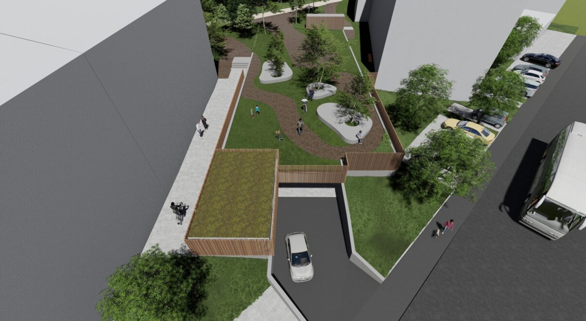 neubau tiefgarage überlingen – dachgarten vogelperspektive visualisierung visualisierung wohnanlage mit gartenflächen